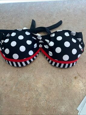 Girls Black & White Polka Dot Swim Top with Red Trim